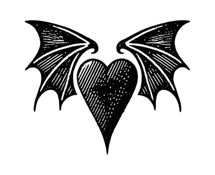 love shape bat wing devil engraving black and white outline