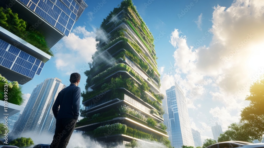 Poster A person observes a modern skyscraper adorned with greenery, showcasing sustainable architecture. The scene captures a bustling urban environment with new development under a bright sky.