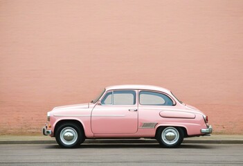 Obraz premium Pink retro car on a pink wall background. Illustration by Generative AI.