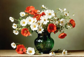 Fototapeta premium Beautiful vibrant floral still life in a glass vase. Old postcard style. Illustration by Generative AI.