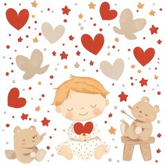 Naklejka premium Cute baby girl with teddy bears, hearts, and stars.