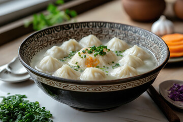 Mongolian Bansh Dumplings in Creamy Broth with Fresh Chives