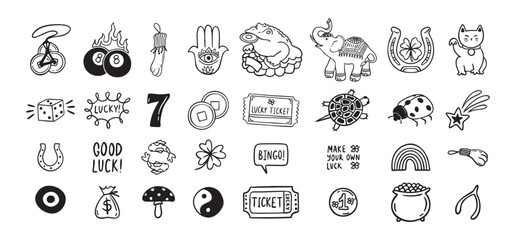 Good Luck doodle Symbols Set. Hand drawn lucky icons. Asian talismans and charms outline set.
