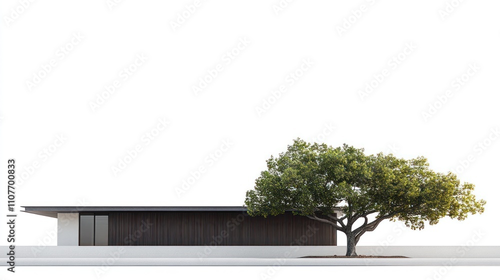 Poster a modern architectural design featuring a building beside a large tree against a minimal backdrop.