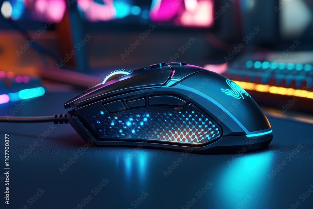 Poster illuminated gaming mouse on desk with rgb keyboard and monitor in background.