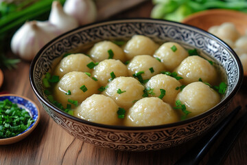 Traditional Mongolian Bansh Dumplings in Broth with Fresh Chives