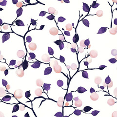 Seamless floral pattern with pink berries and purple leaves on white background.