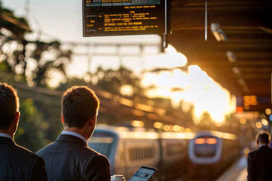 group of business commuters at the train or tram stop on their way to work