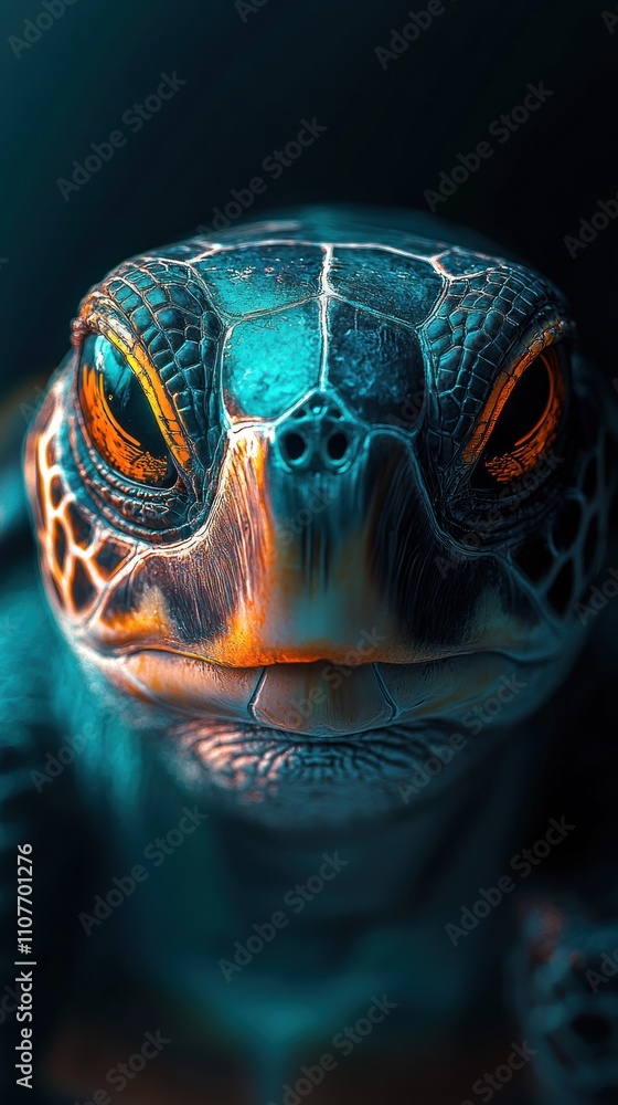 Poster close-up of a sea turtle's face, showcasing its intricate shell pattern and intense gaze.
