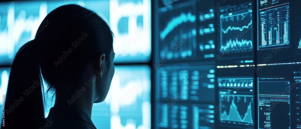 Poster a person analyzing data on multiple screens in a high-tech environment.
