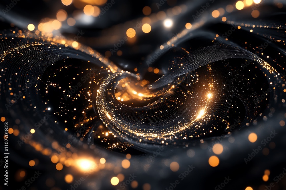 Poster Abstract swirling dark background with gold particles and bokeh lights.