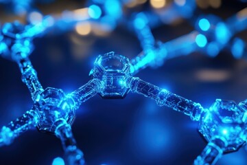 Bonding structure of materials science are relying on knowledge from physics chemistry biology and geology. Blue molecular structure with glowing connections