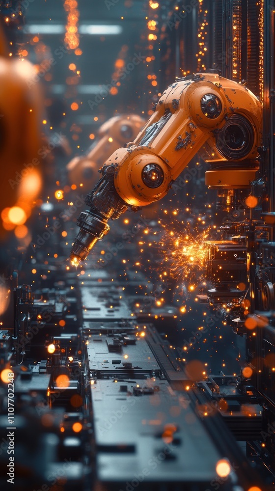 Poster robotic arm in a futuristic factory with sparks and glowing lights.