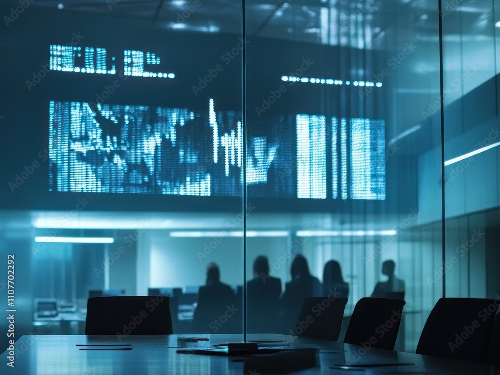 Poster a modern office space with a digital display, showcasing data analysis and business insights.