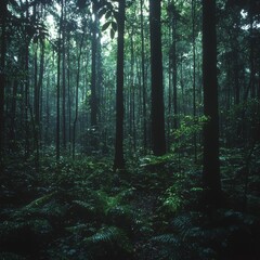 Obraz premium Lush, dark green rainforest with tall trees and dense undergrowth.