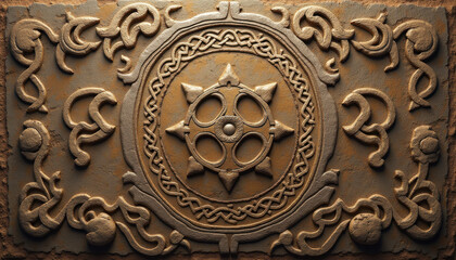 Obraz premium Celtic stone relief with interwoven knot design on a textured wall