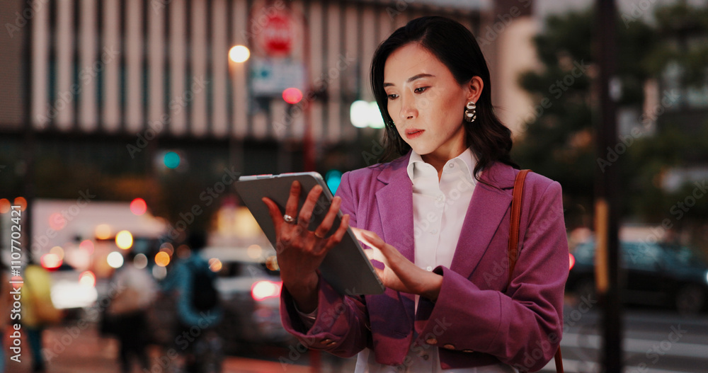 Poster night, woman and tablet in city for business, research deadline and connectivity in yokohama. japane