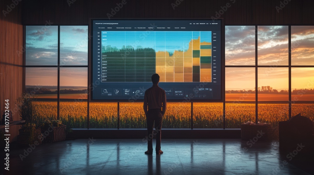 Poster man reviewing agricultural data on large screen overlooking sunset field.