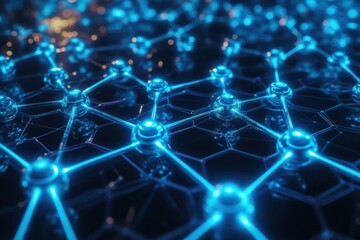 Bonding structure of materials science are relying on knowledge from physics chemistry biology and geology. Abstract blue network structure glowing softly