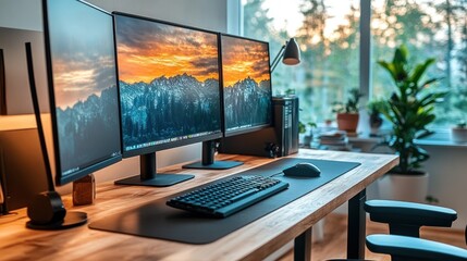 Fototapeta premium Minimalist home office workspace with triple monitor setup, wooden desk, and natural light streaming in from window.