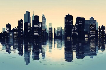 Fototapeta premium Silhouetted City Skyline at Dusk with Reflections on Calm Water, Highlighting Tall Buildings and Urban Architecture with a Soft Gradient Sky