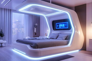 Fototapeta premium Modern sleeping area features innovative design and vibrant lighting against a city backdrop