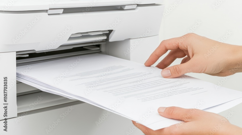Poster A person retrieving printed documents from a printer.