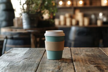 Stylish Coffee Cup on Rustic Table in Cozy Caf&eacute; Setting with Soft Lighting and Natural Elements, Ideal for Beverage and Lifestyle Imagery