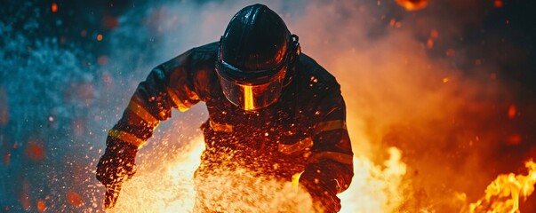 Brave firefighter extinguishing a raging fire in protective gear