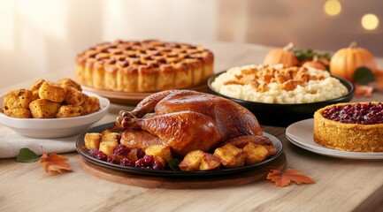Festive Thanksgiving dinner featuring roasted turkey and traditional desserts at a cozy gathering