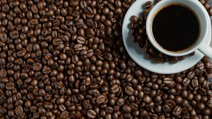 Fototapeta premium Freshly brewed coffee rests beside a mound of roasted coffee beans on a wooden surface
