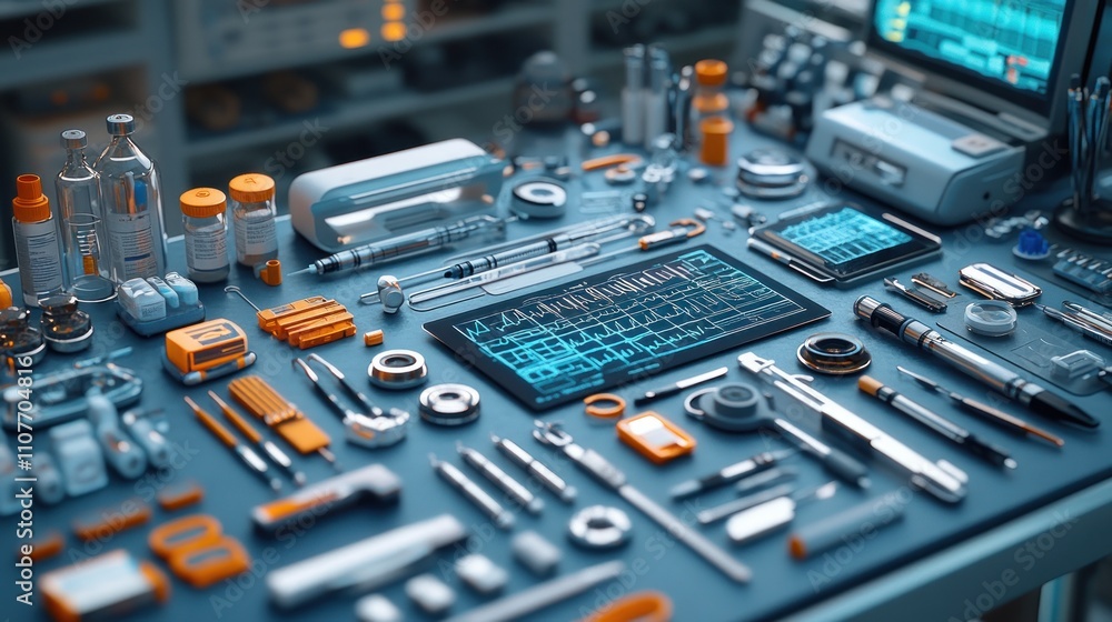 Poster futuristic medical lab equipment and tools arranged on a table with a tablet displaying a digital pe