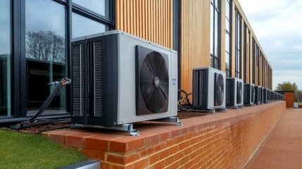 Air Source Heat Pump Installation on School Building Wall, Energy-Efficient HVAC System, Modern Technology in UK School