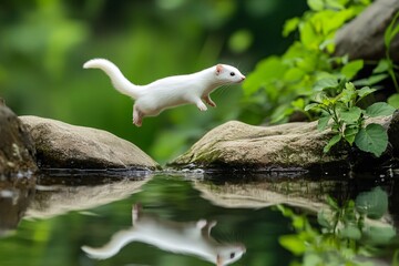Obraz premium A white weasel gracefully jumping across rocks in a calm stream, its reflection visible in the clear water, surrounded by lush green vegetation 4