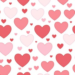 Seamless pattern of pink and red hearts of various sizes on white background.