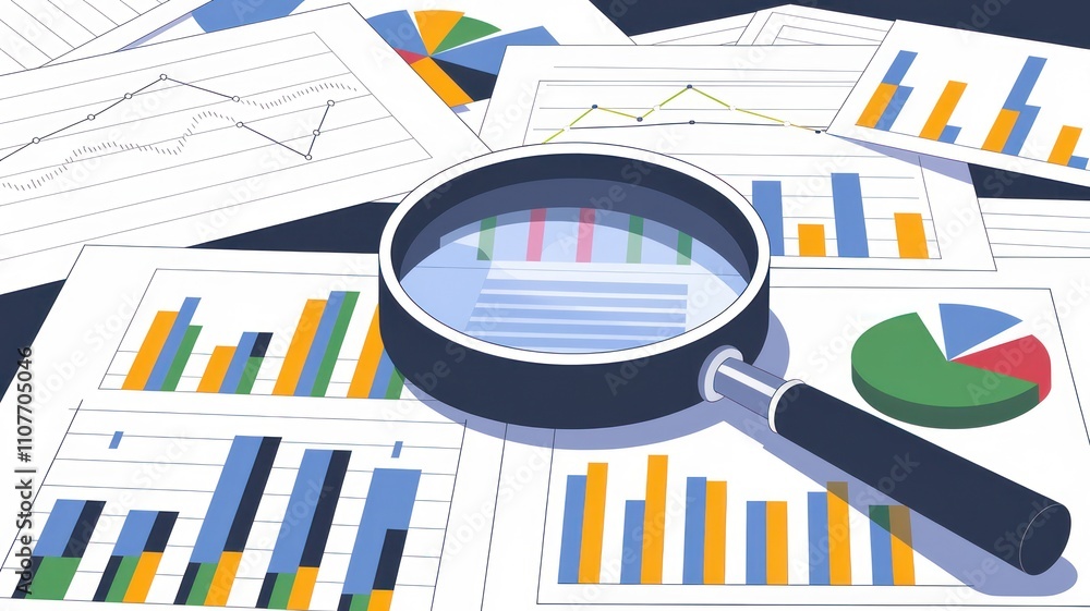Poster a magnifying glass on various financial charts and graphs, symbolizing analysis and data interpretat