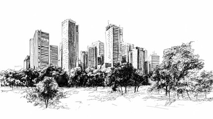 Black and white detailed sketch of a city with skyscrapers and a park