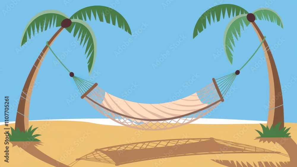 Wall mural a serene beach scene featuring a hammock suspended between two palm trees, set against a clear blue 