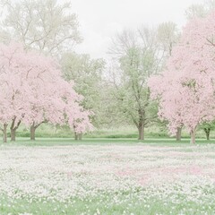 Naklejka premium Serene spring landscape with blooming trees and flowers.