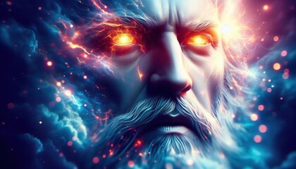 Naklejka premium Illustration of a Face with Eyes of Fire in a Celestial Sky of Dramatic Clouds - Christian Background About God