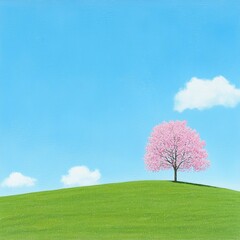 Obraz premium Single pink tree on green hill under blue sky with clouds.