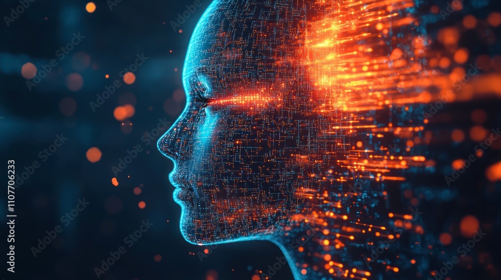 Poster digital head profile glowing with fiery data streams.