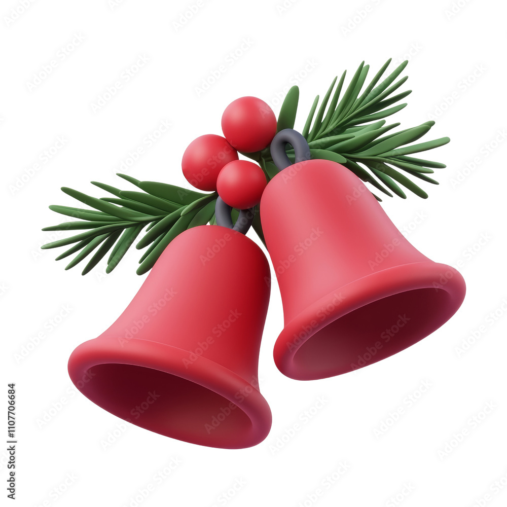 Wall mural two red christmas bells with pine 3d render icon isolated on transparent background cutout