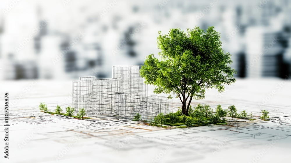 Aufkleber drawing 3d architecture city building sketch lines with green tree on white background