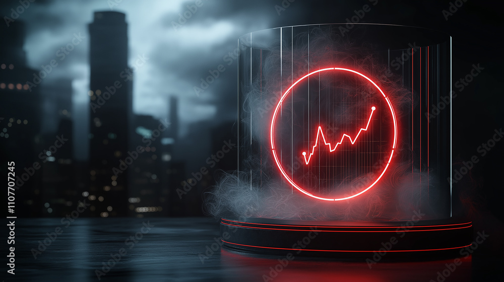 Poster digital battery symbol with glowing red graph in dark cityscape