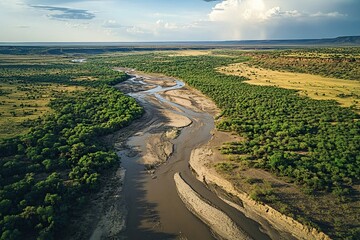 Aerial View of Serene River Meandering Through Lush Green Landscape Under a Cloudy Sky in Africa