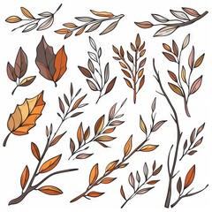 Fototapeta premium Branches drawing set, sketched autumn twigs, leaves, floral design elements, botany pictures