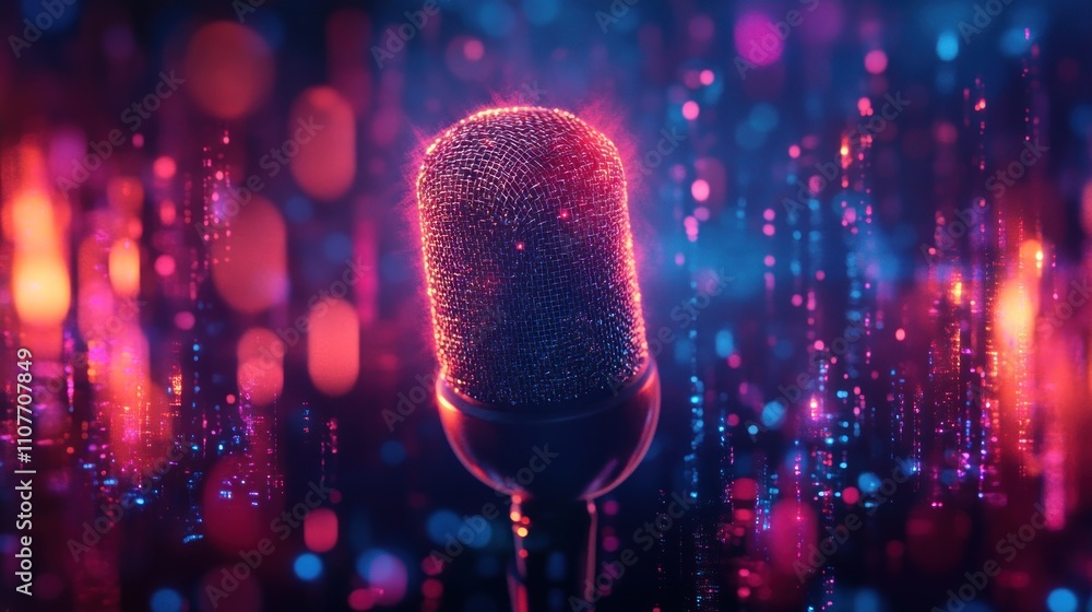 Poster a glowing microphone with a sparkling finish against a background of vibrant bokeh lights.