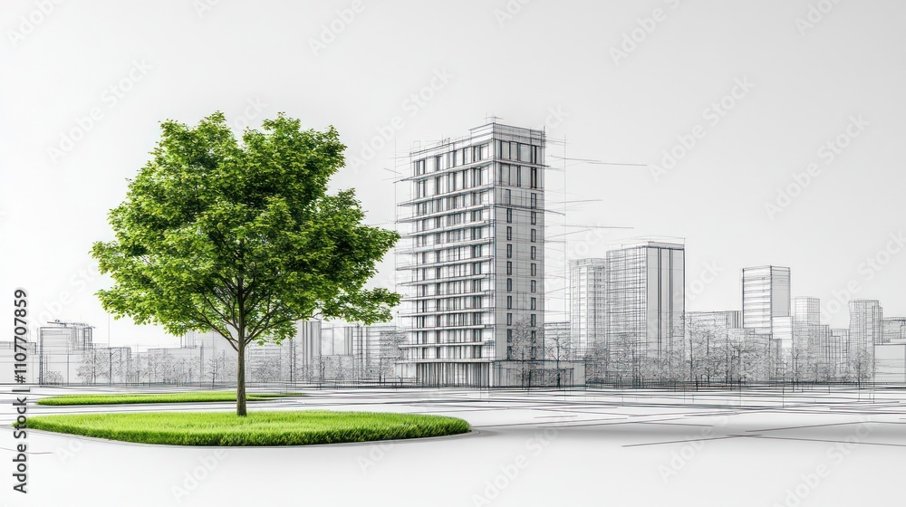 Poster drawing 3d architecture city building sketch lines with green tree on white background