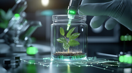 scientist uses pipette to nurture plant in high tech lab